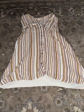 Sleeveless Stripe Button-Front Top in White with Mustard & Mauve Stripes